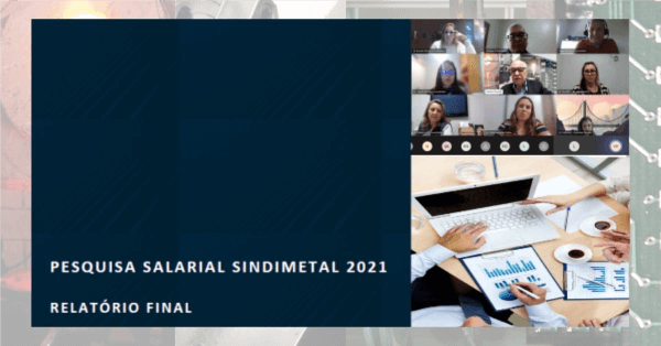 Imagem da apresentação on-line dos resultados da pesquisa salarial do Sindimetal-RS quadro roxo e, no canto direito, acima, imagens dos participantes da apresentação